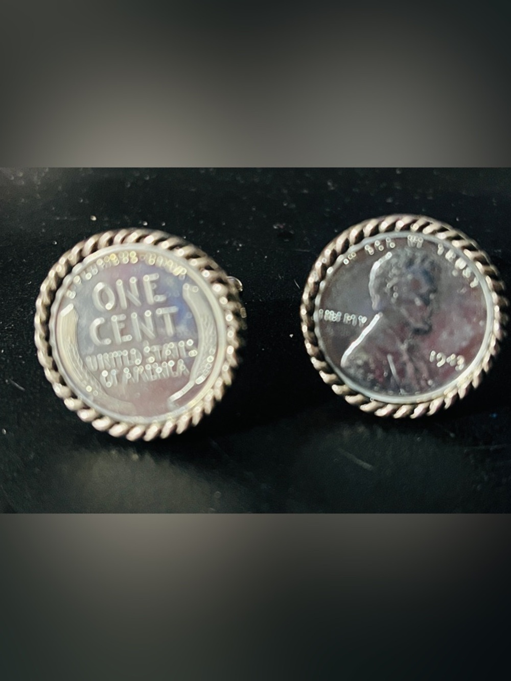 Cuff Links NEW 1943 Lincoln & Feather Steel Penny Silvertone Rope Bezel Coin